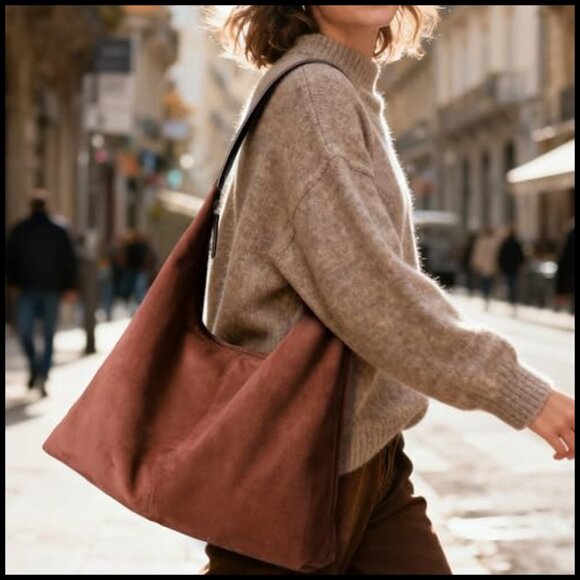 Faux Suede Hobo Shoulder Bag Slouchy Tote Zipper Closure Boho Chic - Picture 2 of 7